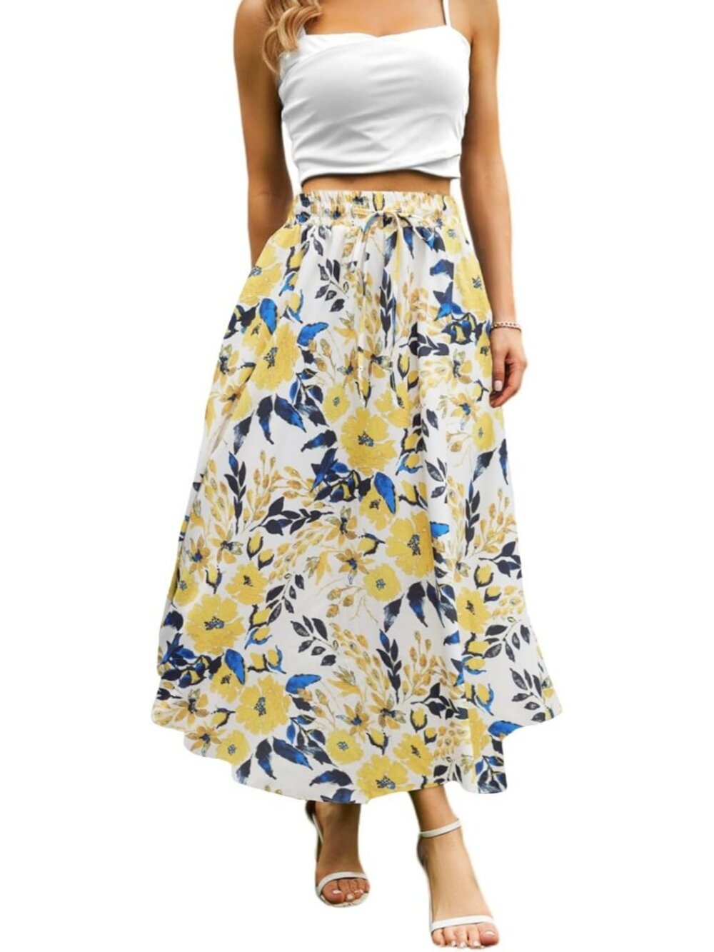 Women's Yellow Floral Boho High Waisted Flowy Elastic Waist Pocket Midi Skirt